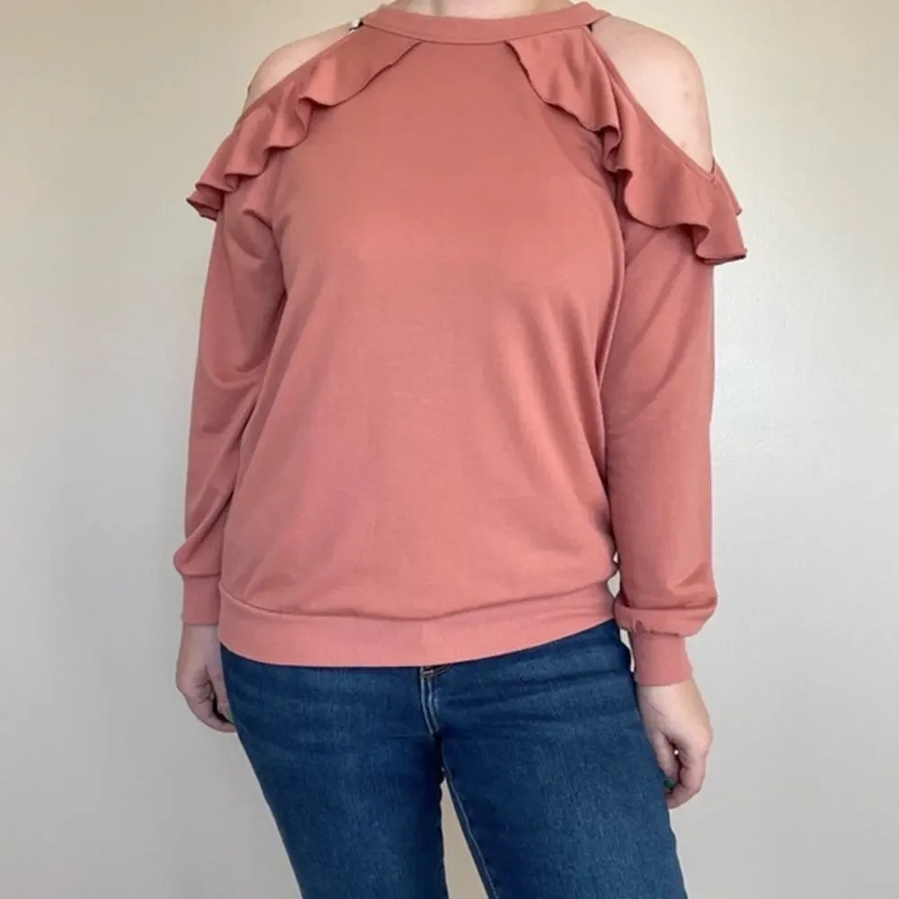 Express Women's XS Pink Ruffle Cold‎ Shoulder Long Sleeve Casual Spring Blouse